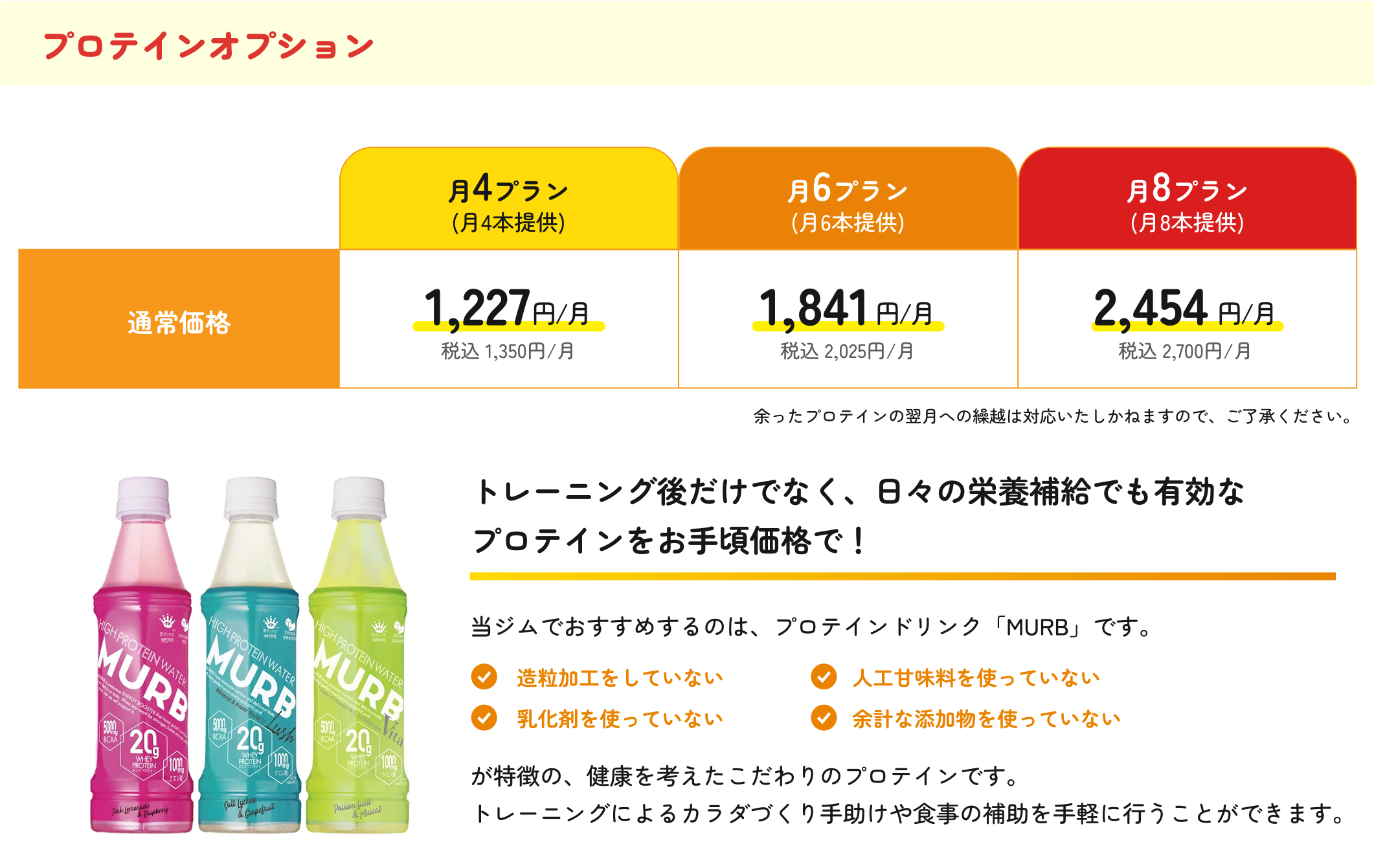 プロテインオプション/月4プラン(月4本提供)=税込 1,350円/月。月6プラン(月6本提供)=税込 2,025円/月。通い放題プラン(月8本提供)税込 2,700円/月。トレーニング後だけでなく、日々の栄養補給でも有効な
プロテインをお手頃価格で!