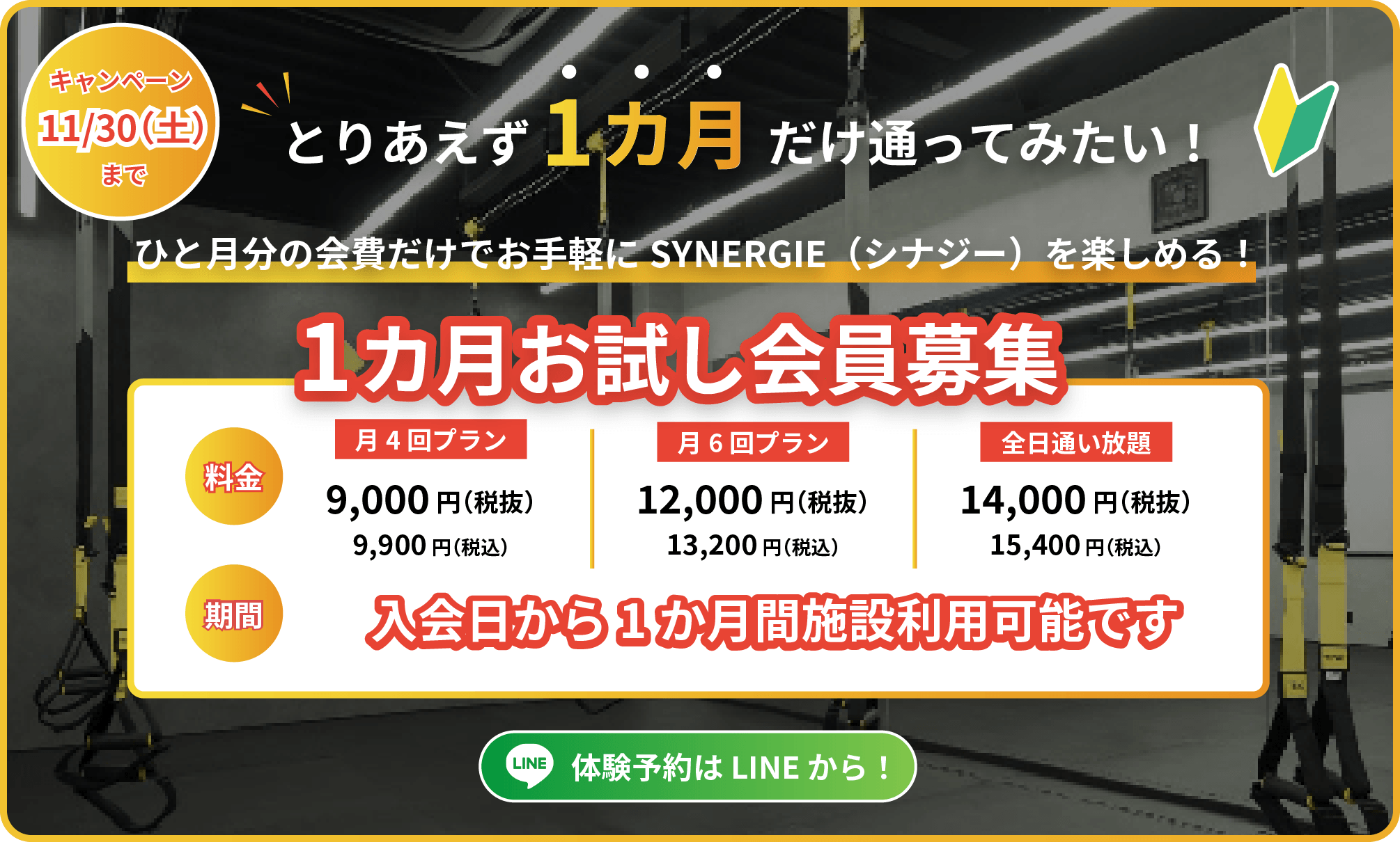 キャンペーン11/30（土）まで！とりあえず1カ月 だけ通ってみたい！ひと月分の会費だけでお手軽に SYNERGIE（シナジー）を楽しめる！月4回プラン9,900円（税込）月6回プラン13,200円（税込）全日通い放題15,400円（税込）入会日から1か月間施設利用可能です