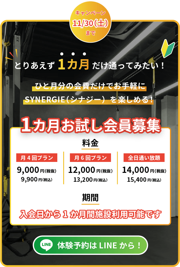 キャンペーン11/30（土）まで！とりあえず1カ月 だけ通ってみたい！ひと月分の会費だけでお手軽に SYNERGIE（シナジー）を楽しめる！月4回プラン9,900円（税込）月6回プラン13,200円（税込）全日通い放題15,400円（税込）入会日から1か月間施設利用可能です