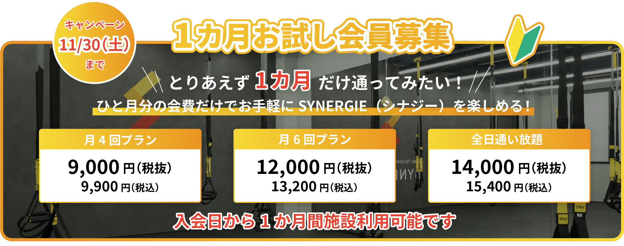 キャンペーン11/30（土）まで！とりあえず1カ月 だけ通ってみたい！ひと月分の会費だけでお手軽に SYNERGIE（シナジー）を楽しめる！月4回プラン9,900円（税込）月6回プラン13,200円（税込）全日通い放題15,400円（税込）入会日から1か月間施設利用可能です